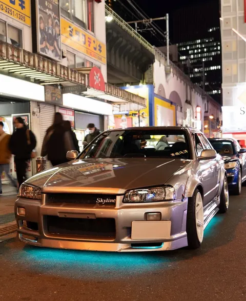 R34 Skyline parked in the Tokyo night cityscape